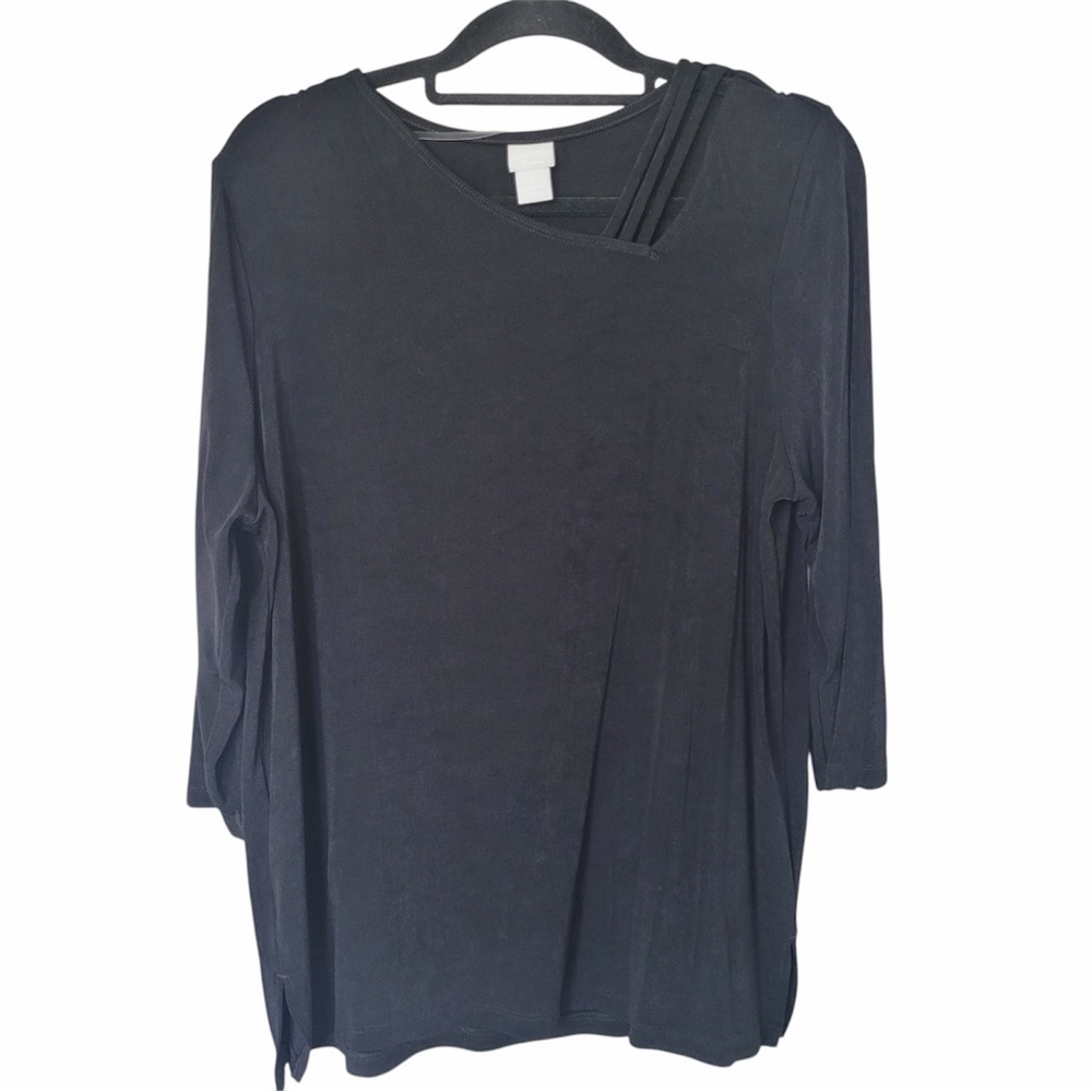 ✅ Chico's Elegant Black Asymmetrical Cut out neckline Blouse size 3 XL 16/18